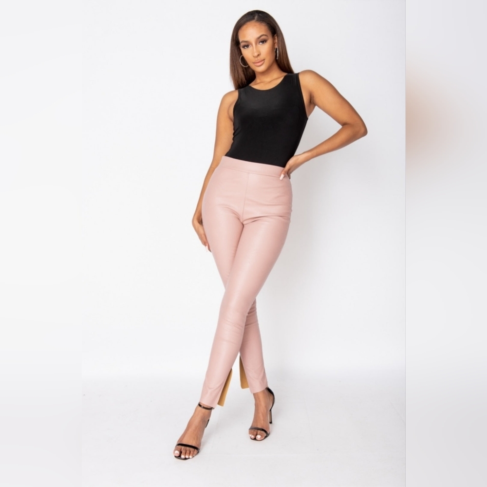 Parisian Rose Faux Leather High Waist Side Split Hem Jeggings